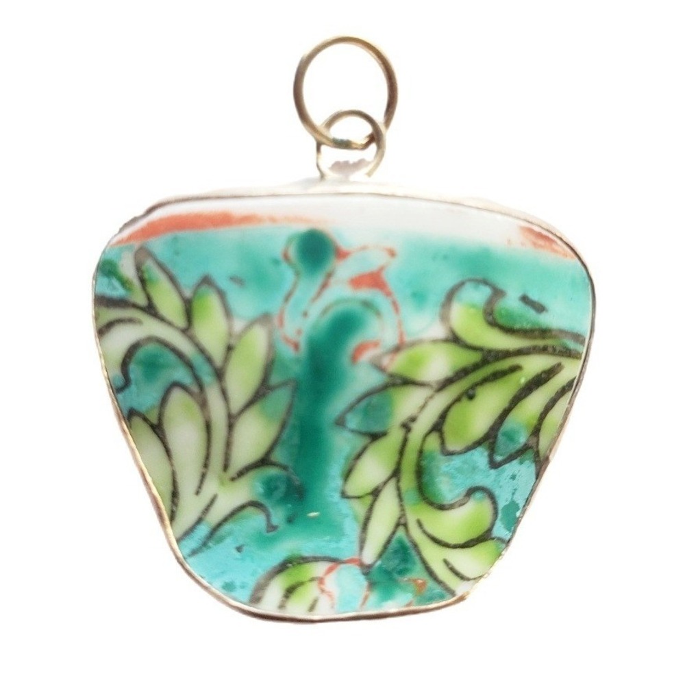 Broken China Jewelry Teal Green Floral Leaf Pendant Unique Focal for Necklace